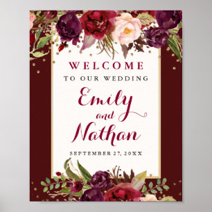 Burgundy Gold Confetti Floral Wedding Sign