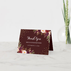 Burgundy Gold Confetti Floral Wedding Thank You Card