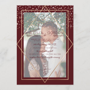 Burgundy Gold Confetti Geo Border Photo Wedding Invitation