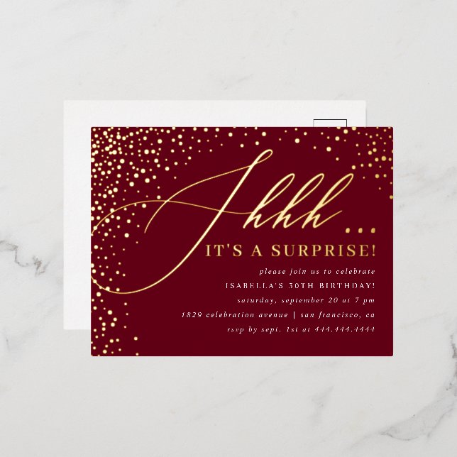 Burgundy & Gold Confetti Script Surprise Party Foil Invitation Postcard (Front/Back)