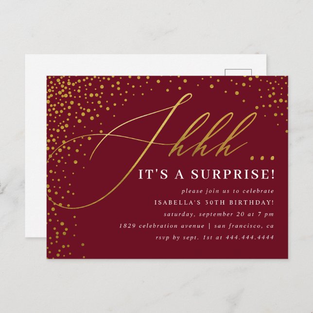 Burgundy & Gold Confetti Script Surprise Party Invitation Postcard (Front/Back)