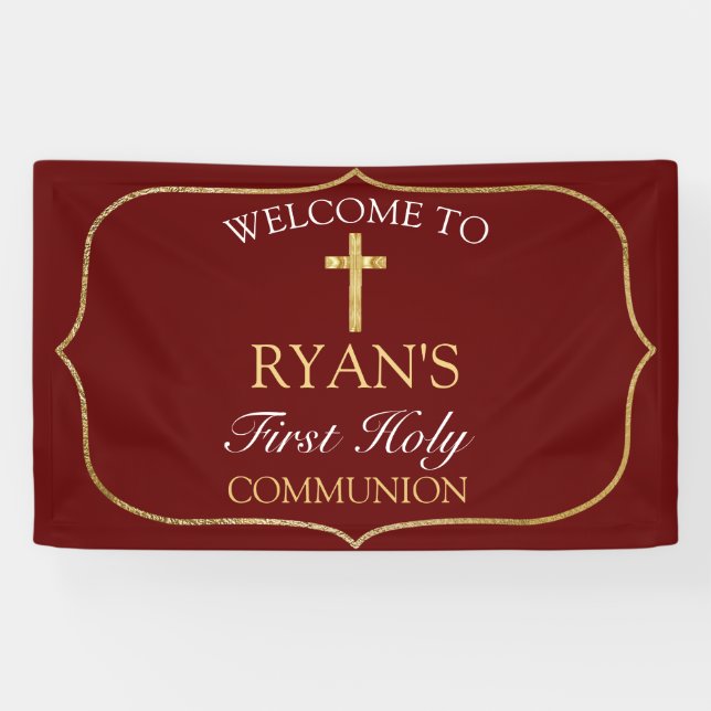 Burgundy Gold Cross 1st Holy Communion Welcome Banner (Horizontal)