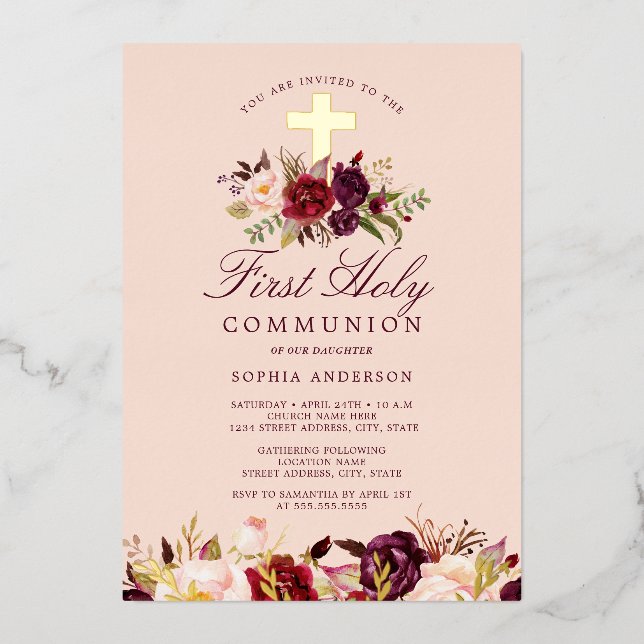 Burgundy Gold Cross Girls First Communion  (Front)