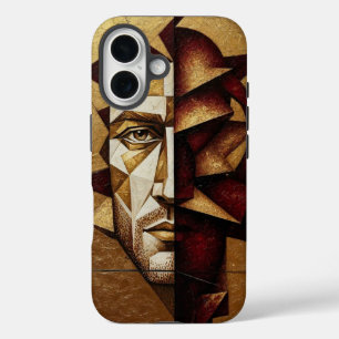 Burgundy Gold Cubist Man - Textured Abstract iPhone 16 Case