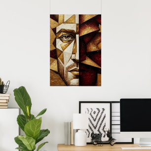 Burgundy Gold Cubist Man - Textured Abstract Poster