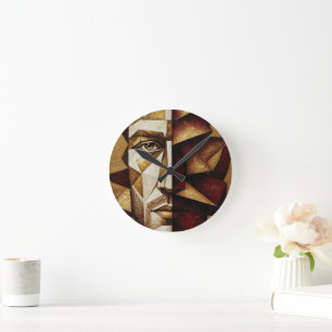 Burgundy Gold Cubist Man - Textured Abstract Round Clock