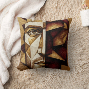 Burgundy Gold Cubist Man - Textured Abstract Throw Pillow