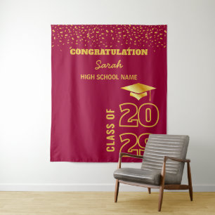 Burgundy & Gold Custom Graduation Party Backdrop Tapestry