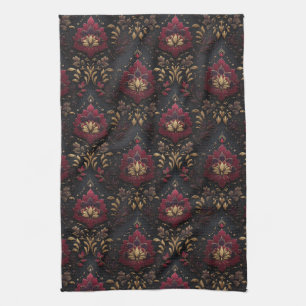 Burgundy Gold Damask Elegance Kitchen Towel