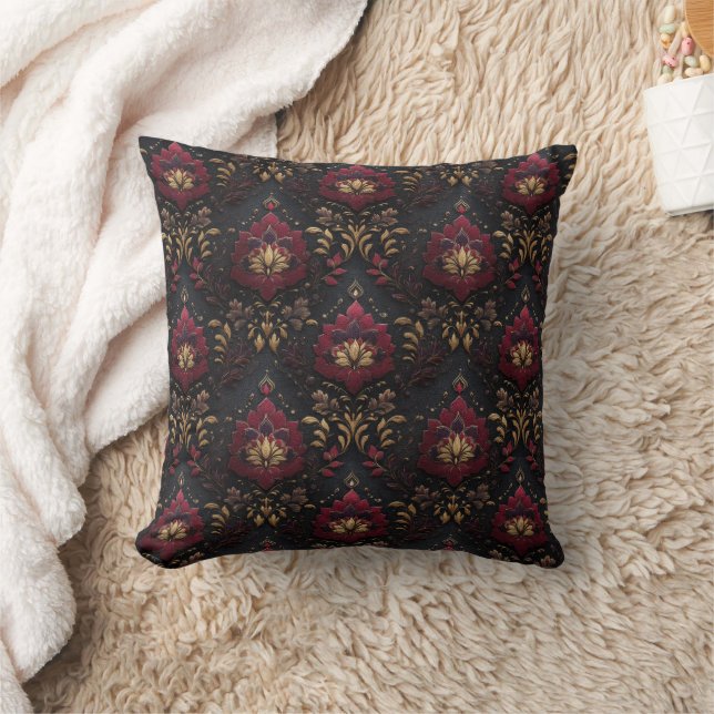 Burgundy Gold Damask Elegance Throw Pillow (Blanket)