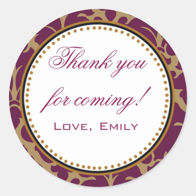 Burgundy Gold Damask Merci Sticker Étiquette rond (Devant)