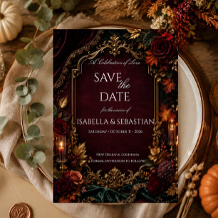 Burgundy & Gold Dark Romance Wedding Save The Date