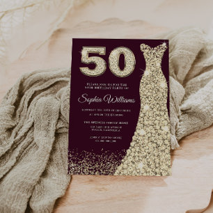 Burgundy & Gold Dress 50th Birthday Party Invitation