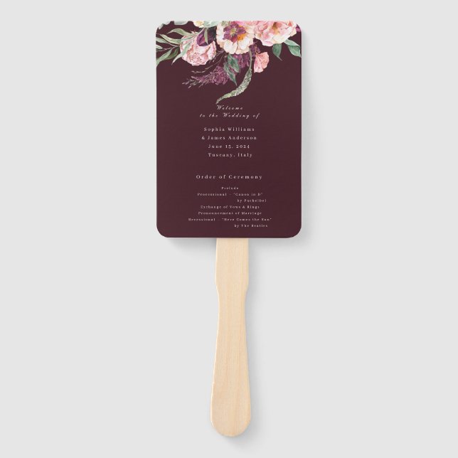 Burgundy Gold- Elegant Floral Luxe wedding PROGRAM Hand Fan (Front)
