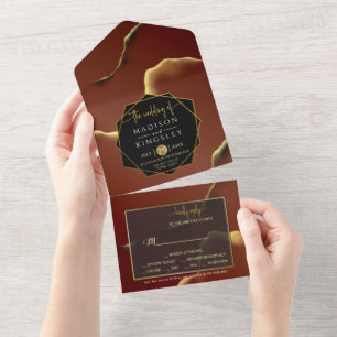 Burgundy Gold 🌿 Elegant Inky Abstract Wedding All In One Invitation