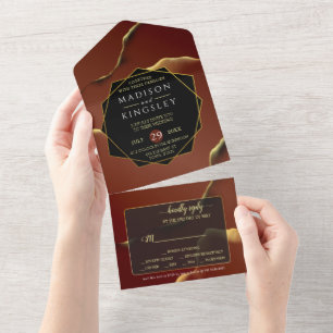 Burgundy Gold 🌿 Elegant Inky Abstract Wedding All In One Invitation