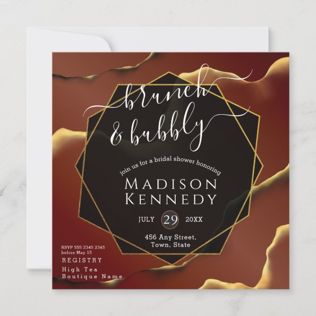 🤵 Burgundy Gold Elegant Inky Abstract Wedding   Invitation (Front)