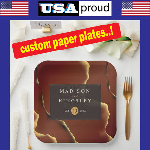 🤵 Burgundy Gold Elegant Inky Abstract Wedding   Paper Plate