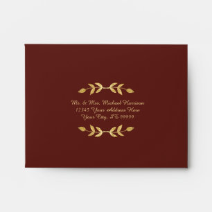 Burgundy Gold Elegant Leaf Wreath Wedding RSVP Envelope