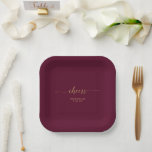 Burgundy & Gold Elegant  Lettering Cheers Party Paper Plate<br><div class="desc">Add stylish detail to your special day with this personalized party paper plate. This design features stylish typography " Cheers" in gold with custom text. You can personalize the text for any event or party. Matching invitations and party supplies are available in my shop BaraBomDesign.</div>