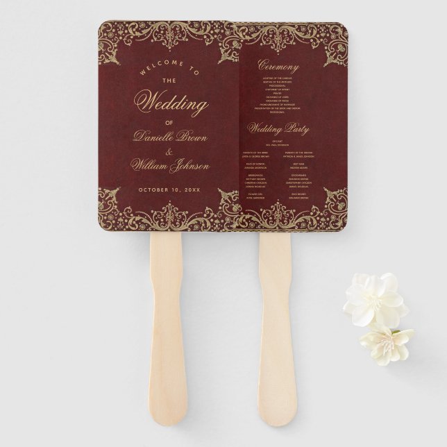 Burgundy Gold Elegant Vintage Wedding Program Hand Fan (Front and Back)