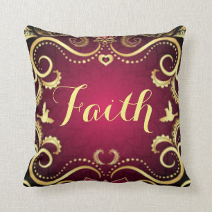 Burgundy Gold Faith Pattern Print Design Throw Pillow
