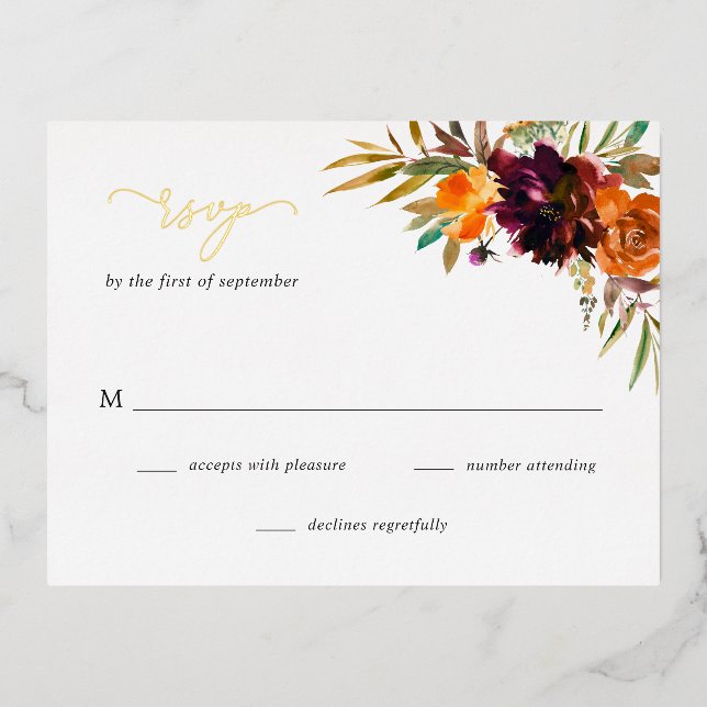 Burgundy Gold Fall Floral Rustic Wedding Carte RSV (Recto)