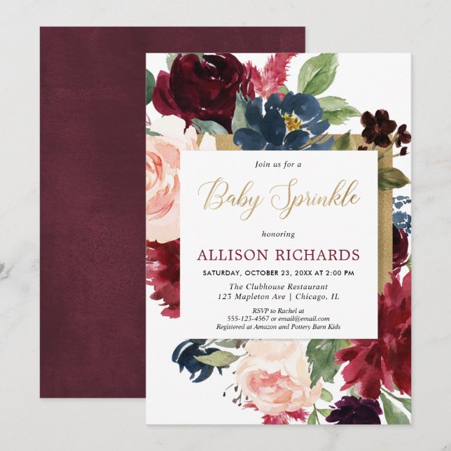 Burgundy gold fall floral watercolor baby sprinkle invitation (Front/Back)