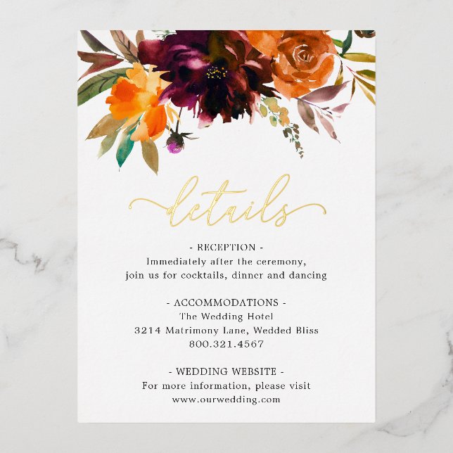 Burgundy Gold Fall Floral Wedding Enclosure Card (Front)