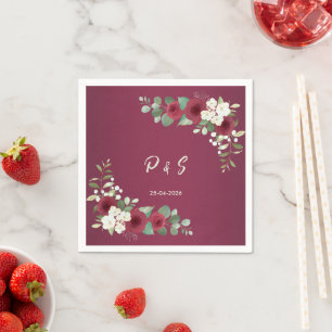 Burgundy Gold Fall Winter Garden Wedding Cocktail  Napkin