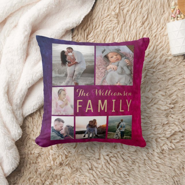 Burgundy Gold Family Photo Collage Throw Pillow (Blanket)