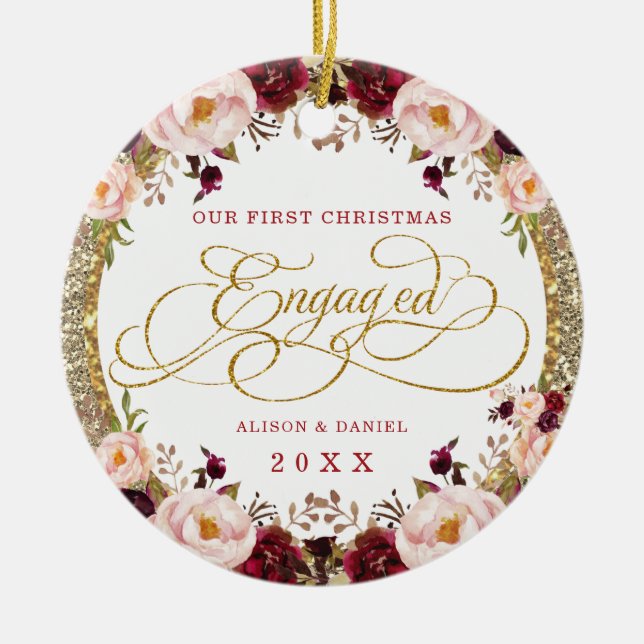 Burgundy Gold First Christmas Engaged Pre Wedding Ceramic Ornament (Front)