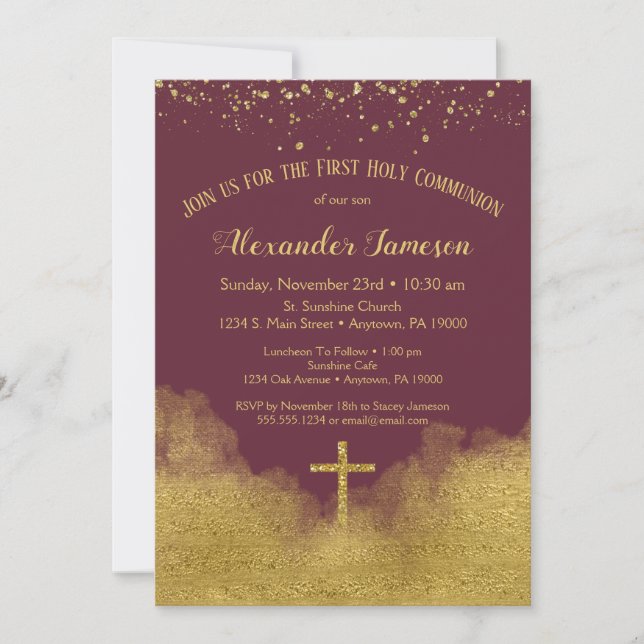 Burgundy Gold First Holy Communion Invitation (Front)