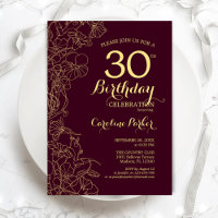 Burgundy Gold Floral 30th Birthday Party