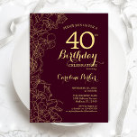 Burgundy Gold Floral 40th Birthday Party Invitation<br><div class="desc">Burgundy Gold Floral 40th Birthday Party Invitation. Minimalist modern maroon design featuring botanical outline drawings accents,  faux gold foil and typography script font. Simple trendy invite card perfect for a stylish female bday celebration. Can be customized to any age. Printed Zazzle invitations or instant download digital printable template.</div>