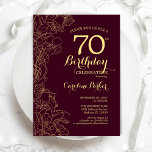 Burgundy Gold Floral 70th Birthday Party Invitation<br><div class="desc">Burgundy Gold Floral 70th Birthday Party Invitation. Minimalist modern maroon design featuring botanical outline drawings accents,  faux gold foil and typography script font. Simple trendy invite card perfect for a stylish female bday celebration. Can be customized to any age. Printed Zazzle invitations or instant download digital printable template.</div>