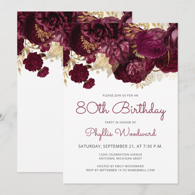 Burgundy Gold Floral 80th Birthday Party Invitation (Front/Back)