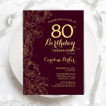 Burgundy Gold Floral 80th Birthday Party Invitation<br><div class="desc">Burgundy Gold Floral 80th Birthday Party Invitation. Minimalist modern maroon design featuring botanical outline drawings accents,  faux gold foil and typography script font. Simple trendy invite card perfect for a stylish female bday celebration. Can be customized to any age. Printed Zazzle invitations or instant download digital printable template.</div>