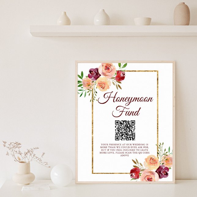 Burgundy Gold Floral Autumn Wedding Honeymoon Fund Poster (Creator Uploaded)
