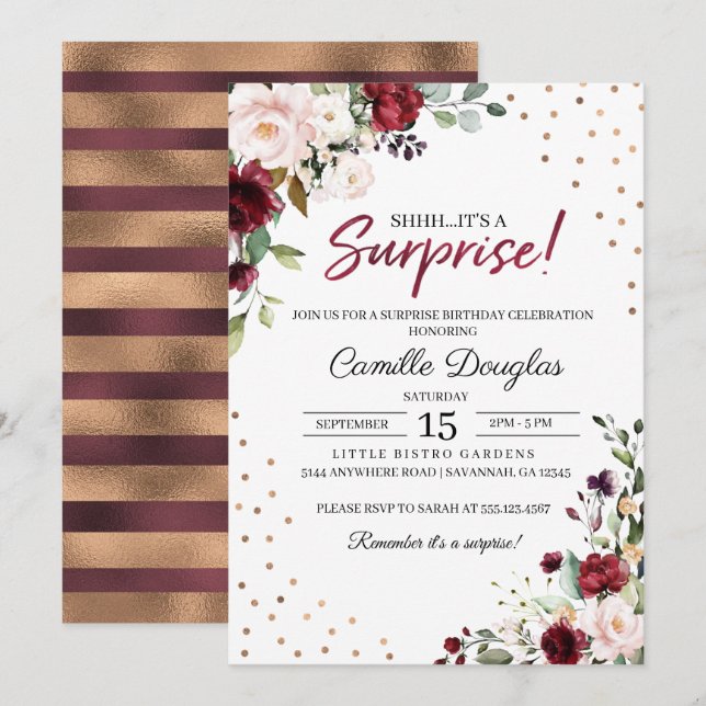 Burgundy Gold Floral Birthday Invitation (Front/Back)