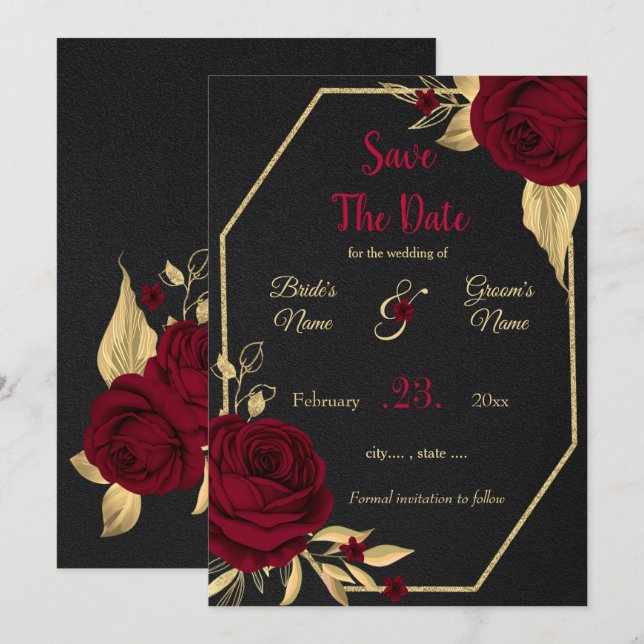 burgundy & gold floral black geometric save the da save the date (Front/Back)