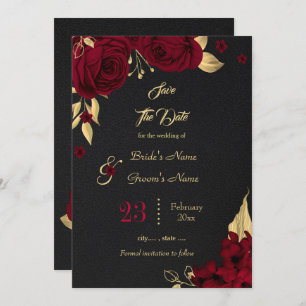 burgundy & gold floral black save the date