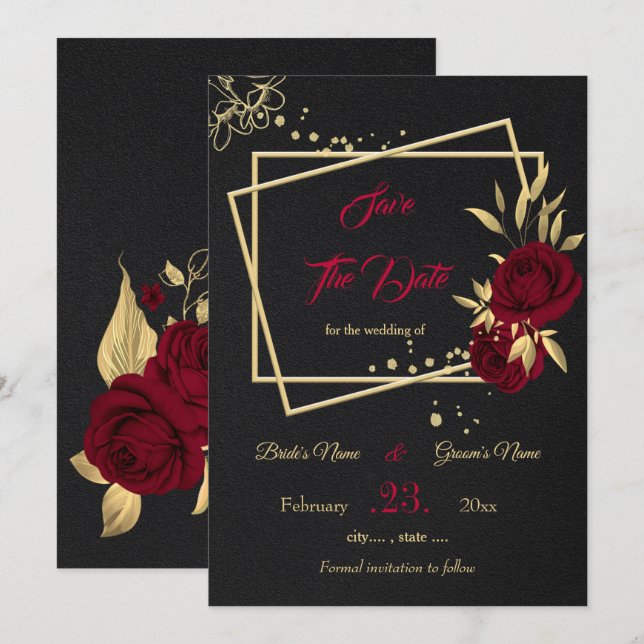 burgundy & gold floral black save the date (Front/Back)