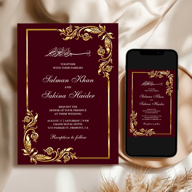 Burgundy Gold Floral Border Islamic Wedding Invitation (Creator Uploaded)