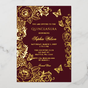 Burgundy Gold Floral Butterfly Quinceañera