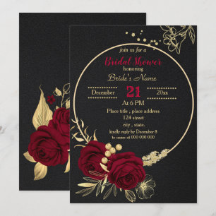 burgundy gold floral circle black bridal shower in invitation