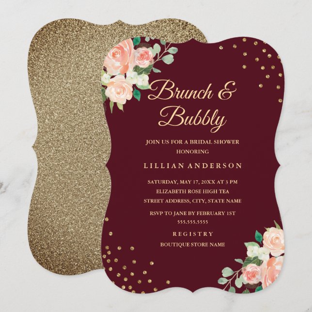 Burgundy Gold Floral Confetti Brunch and Bubbly Invitation (Front/Back)
