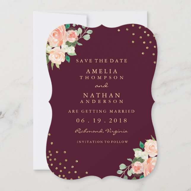 Burgundy Gold Floral Confetti Save The Date (Front)