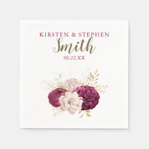 Burgundy & Gold Floral Custom Cocktail Wedding Napkin
