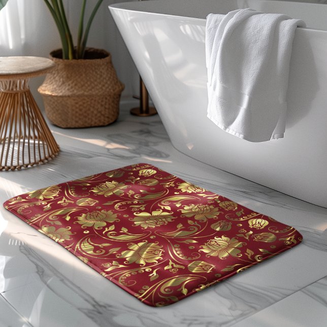 Burgundy & Gold Floral Damasks Pattern Bath Mat (Creator Uploaded)